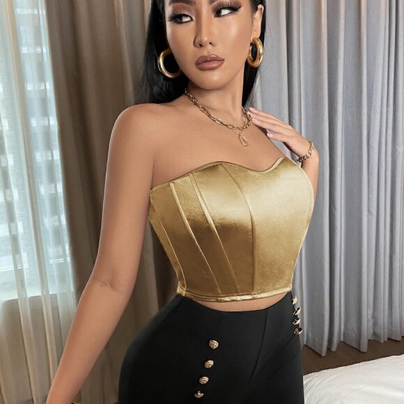 Khaki Casual Womens Satin Crop Bandeau Top - Picture 4 of 5